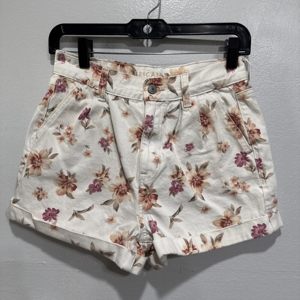 American Eagle Mom Short Womens 4 High Waist Cuffed Pleated Off White Floral